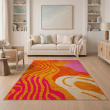 Vibrant Orange Pink Abstract Wave Area Rug