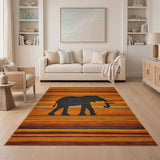Orange Elephant Silhouette Striped Area Rug