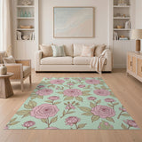 Vintage Pink Roses Mint Green Floral Area Rug
