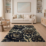 Black Peony Floral Vintage Area Rug