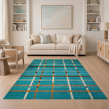 Modern Teal Plaid Geometric Area Rug