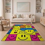 ODIKA Retro Smiley Face Washable Area Rug - Low Pile Non-Slip Colorful Pop Art Decor