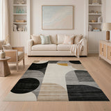 Modern Geometric Circles Area Rug in Black Grey Beige