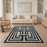 Bold Black White Geometric Labyrinth Rug