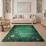 Teal Green Floral Vine Border Area Rug
