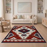 ODIKA Southwestern Geometric Washable Area Rug - Red & Navy Blue Low Pile Non-Slip Carpet