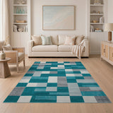 Blue and Teal Teal Grey Geometric Block Area Rug