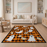 Halloween Ghosts Autumn Leaves Black Orange Plaid Rug