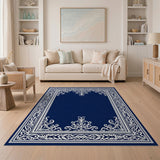 Blue and Teal Navy Blue Ornate Filigree Border Area Rug