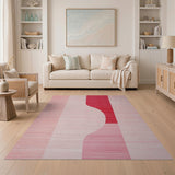 Modern Pink Stripe Rug with Bold Red Curve