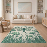 Whimsical Green Moth Mushroom Boho Rug