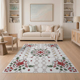 Red Ornate Red Poinsettia Floral Area Rug