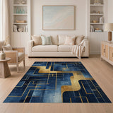 Modern Navy Blue Gold Geometric Area Rug