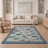 ODIKA Washable Coastal Blue Fish Area Rug - Low Pile Non-Slip Nautical Decor