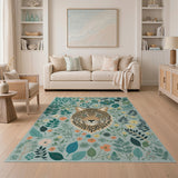 Teal Leopard Amidst Lush Green Foliage Area Rug