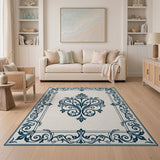 Elegant Navy Ornate Floral Frame Area Rug