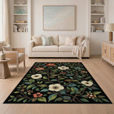 Black Floral Area Rug with Red Camellias White Blooms