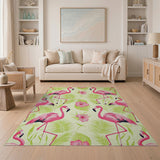 Playful Pink Flamingo Palm Leaf Area Rug