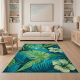 Teal Monstera Leaves Hibiscus Coastal Area Rug