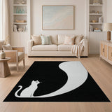 Curious Cat Silhouette Black White Area Rug