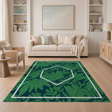 Vibrant Green Palm Leaf Navy Area Rug with Hex Frame