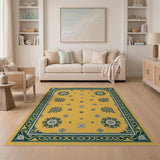 Yellow Teal Floral Medallion Vintage Area Rug