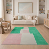 Green Pink Geometric Block Area Rug