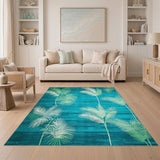 Coastal Beach Blue and Teal Palm Leaf Coastal Area Rug