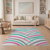 Wavy Pink Teal Grey Geometric Area Rug