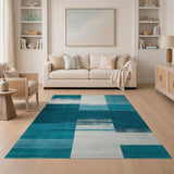 Teal and White Geometric Block Area Rug