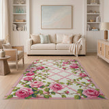 ODIKA Pink Rose Floral Trellis Washable Area Rug - Low Pile Non-Slip Vintage Romantic Carpet