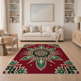 Red Mandala Area Rug with Intricate Green Leaves