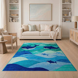 Kids Cartoon Blue and Teal Whimsical Whale Ocean Kids Area Rug