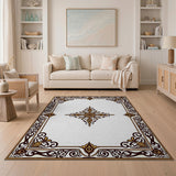 Ornate Gold Border Rug with Sunburst Medallion