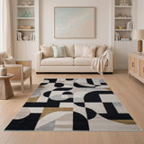 Modern Curved Geometric Black White Area Rug