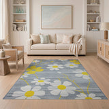 Grey Area Rug with White Daisies Yellow Centers