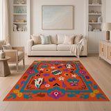 Vibrant Orange Hummingbird Floral Area Rug