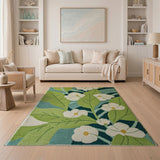 Lush Green Leaves and White Blooms Tufted Area Rug