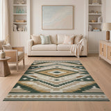 ODIKA Washable Southwestern Area Rug, Low Pile Forest Green & Tan Non-Slip Tribal Rug