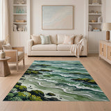 Teal Waves Crashing on Mossy Rocks Area Rug