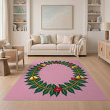 Pink Holly Wreath Poinsettia Bells Area Rug