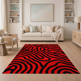 Bold Red Black Wavy Abstract Area Rug