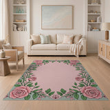 Pink Vintage Pink Rose Floral Border Area Rug