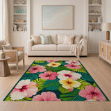 ODIKA Tropical Hibiscus Washable Area Rug - Low Pile Non-Slip Floral Carpet