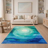 Blue Teal Concentric Circles Geometric Area Rug