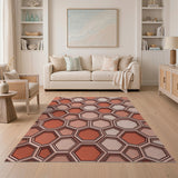 3D Honeycomb Hexagon Area Rug in Coral Orange