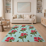Vibrant Red Flowers on Teal Area Rug