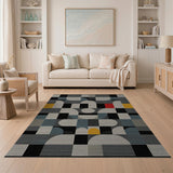 Modern Geometric Abstract Area Rug - Black Grey Teal Accents