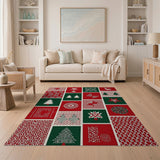 Festive Red Green Geometric Holiday Patchwork Rug