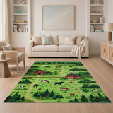 Lush Green Farm Pasture Rug with Cows Barns